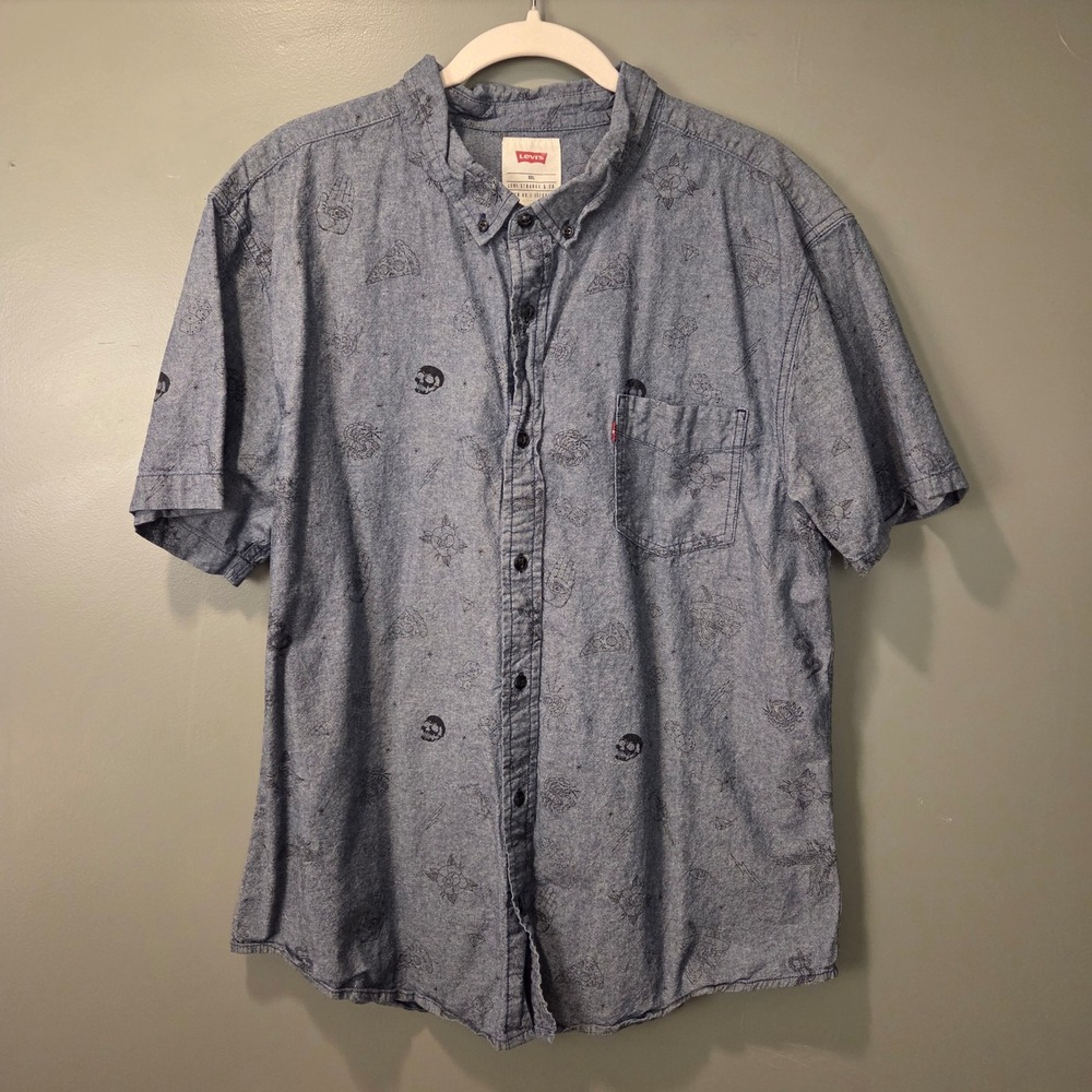 Levi's Men's Short Sleeve Button Up‎ Shirt Size XXL Skull Edgy Graphic Print